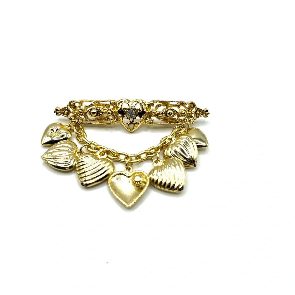 Gold Heart Charm Bar Brooch - Elegant Women’s Jewelry Hearts love - Picture 12 of 12
